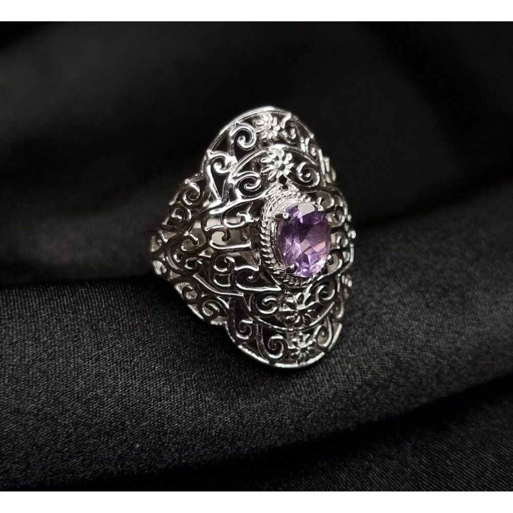 Sterling Silver 925 Filigree Ring With Oval Amethyst Gemstone Size 9.5 Artisan